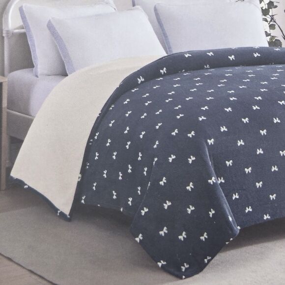 Laura Ashley Twin XL Bows Ivory And Blue Ultimate Plush Blanket Reversible 66x92 - Picture 3 of 9